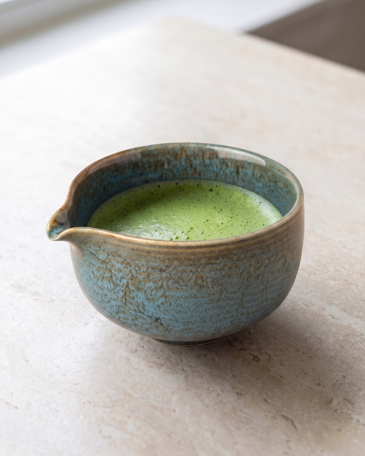 In use: Ceramic Matcha Bowl with Spout – Teal, filled with freshly whisked matcha