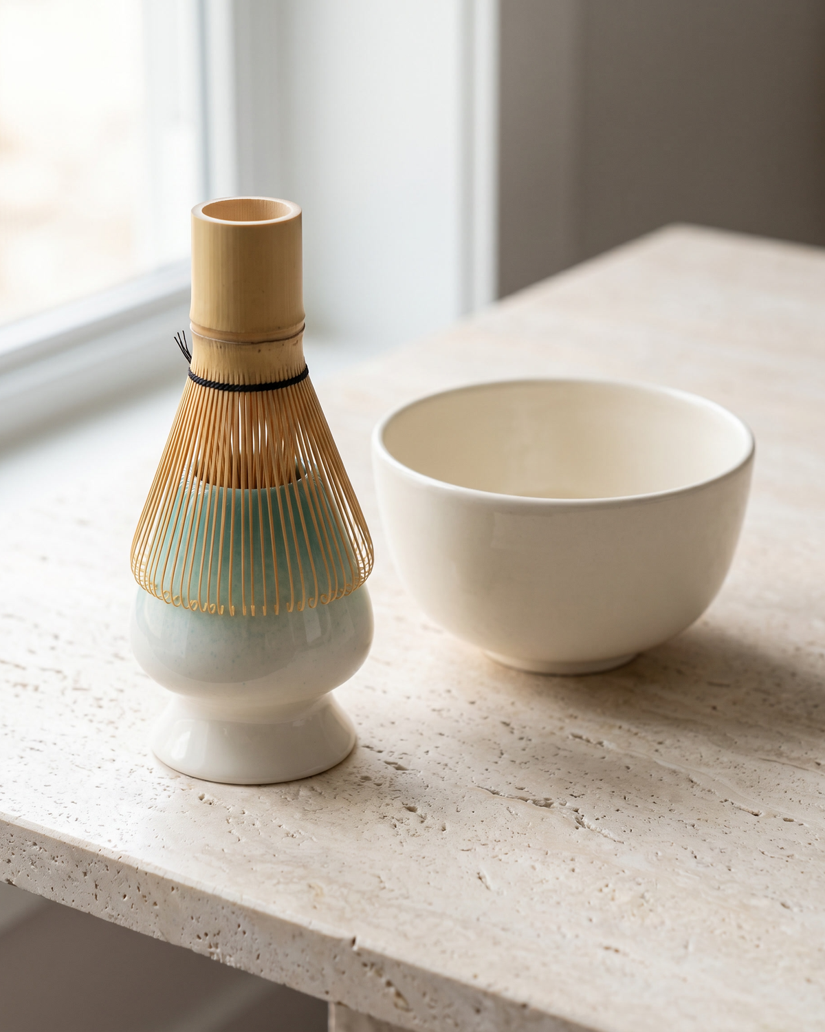 In use: Two-Tone Ceramic Whisk Holder – Aqua Fade, bamboo whisk resting prongs-down on the holder to dry