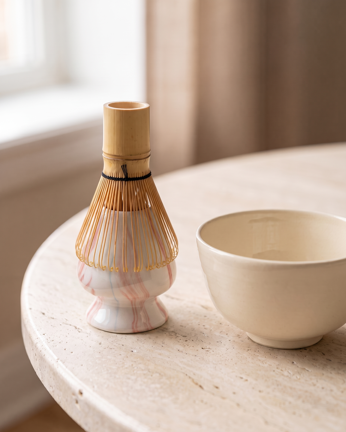 In use: Marble Ceramic Whisk Holder – Marble Pink, bamboo whisk resting prongs-down on the holder to dry