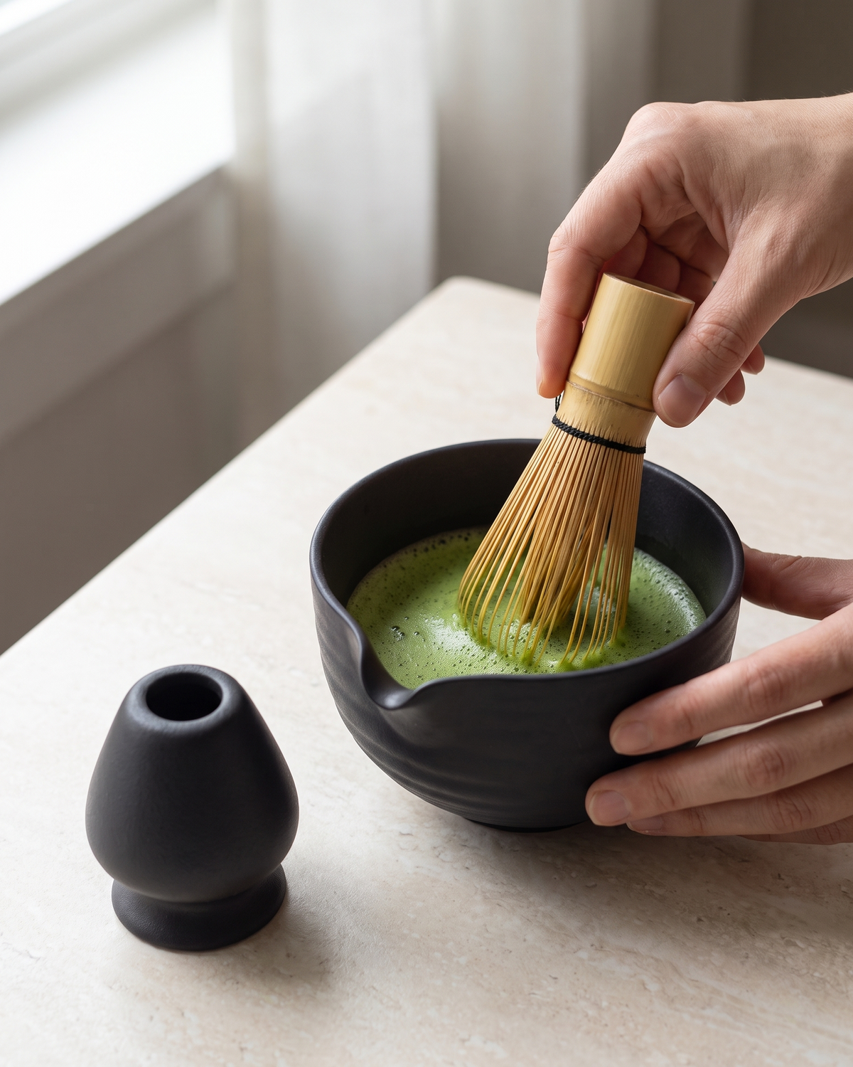In use: 2-Piece Matcha Bowl & Holder Set with Spout – Black, hand whisking matcha in the bowl with a bamboo whisk (sold separately), holder beside
