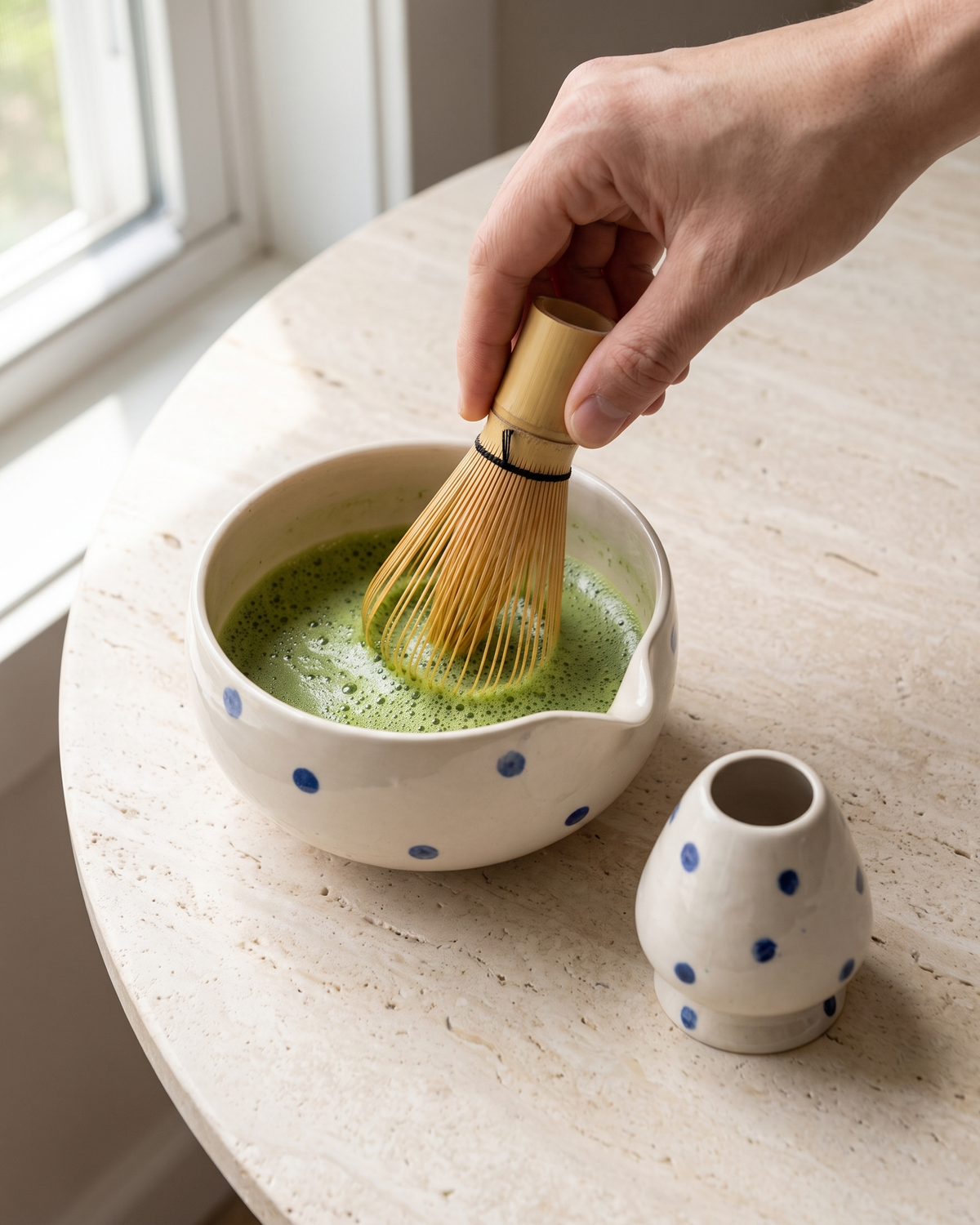 In use: 2-Piece Patterned Matcha Bowl & Holder Set – Blue Dots, hand whisking matcha in the bowl with a bamboo whisk (sold separately), holder beside