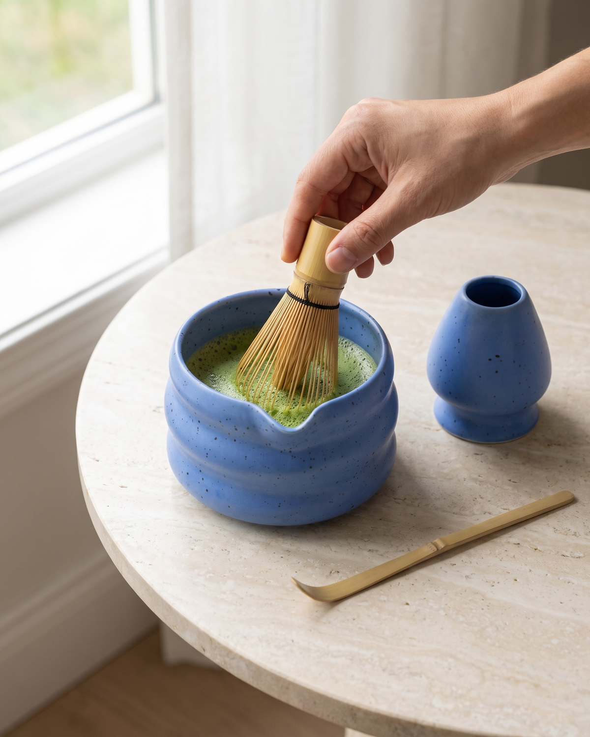In use: 4-Piece Speckled Matcha Set with Bowl, Whisk, Holder & Scoop – Blue, hand whisking matcha in the bowl, holder and scoop beside