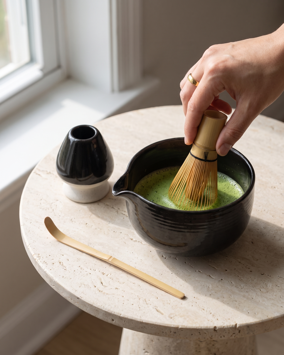 In use: 4-Piece Glazed Matcha Set with Bowl, Whisk, Holder & Scoop – Black, hand whisking matcha in the bowl, holder and scoop beside