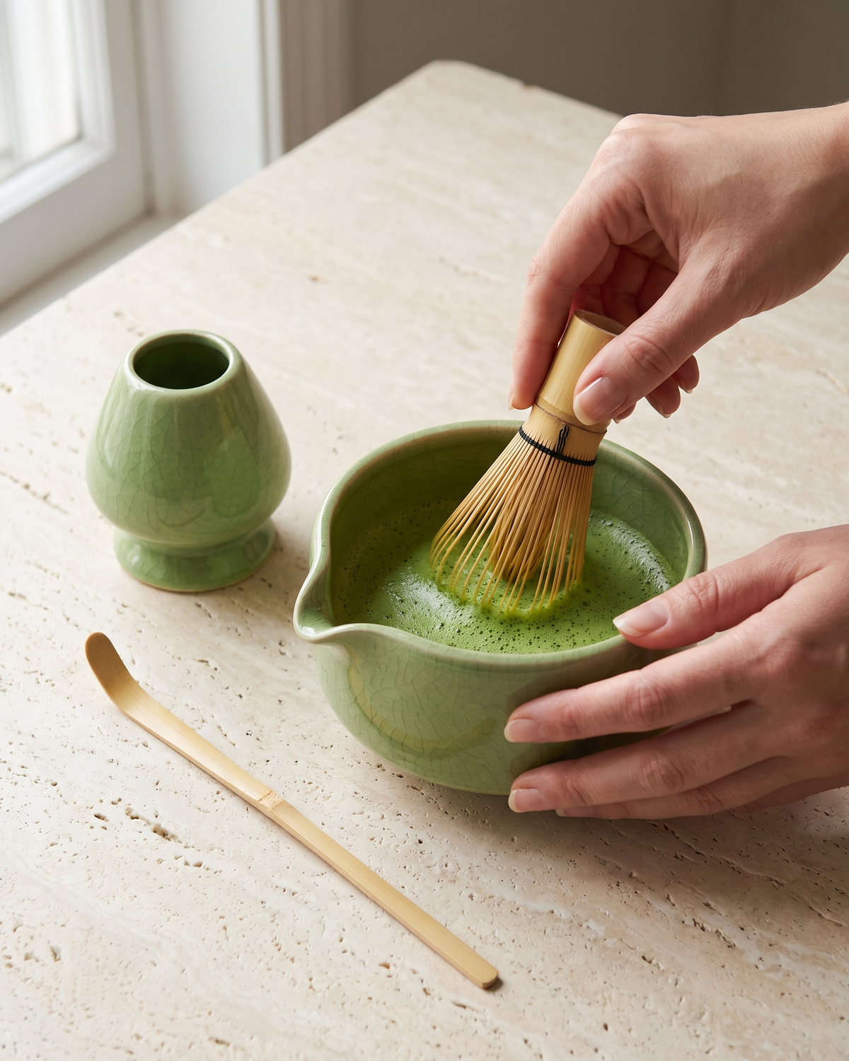 In use: 7-Piece Crackle Matcha Set with Bowl, Whisk, Holder, Scoop, Sifter & Cloth – Apple Green, hand whisking matcha in the bowl, holder and scoop beside