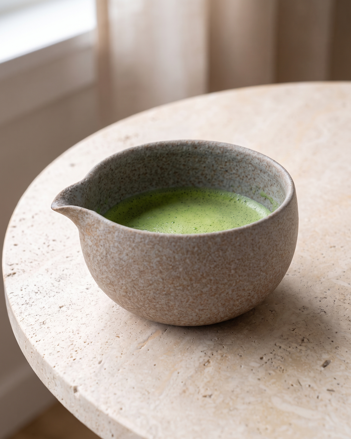 In use: Stoneware Matcha Bowl 500 ml – Grey, filled with freshly whisked matcha