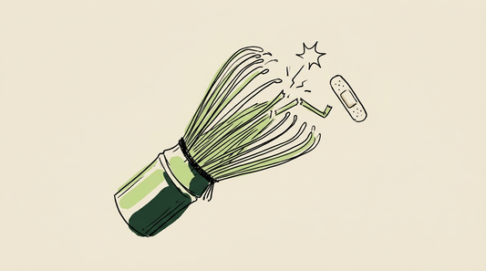 Doodle illustration of a bamboo matcha whisk with snapped prongs and a plaster