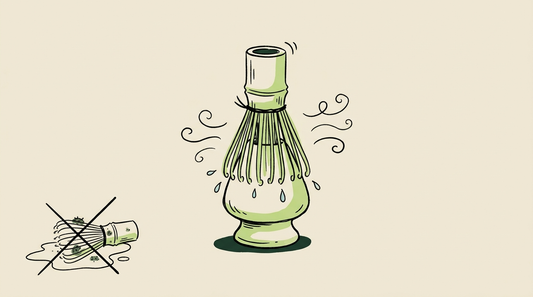 Doodle illustration of a bamboo whisk drying on a holder, with a crossed-out wet whisk