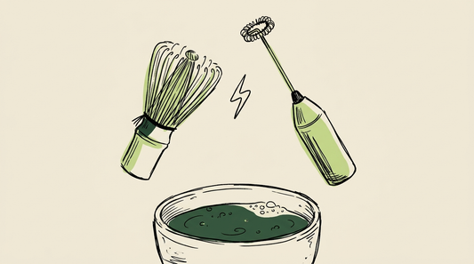 Doodle illustration of a bamboo whisk and an electric frother above a bowl of matcha