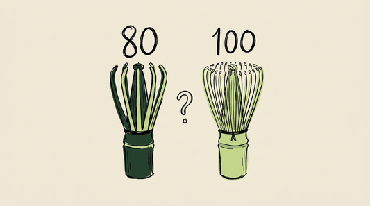 Doodle illustration comparing an 80-prong and a 100-prong bamboo matcha whisk