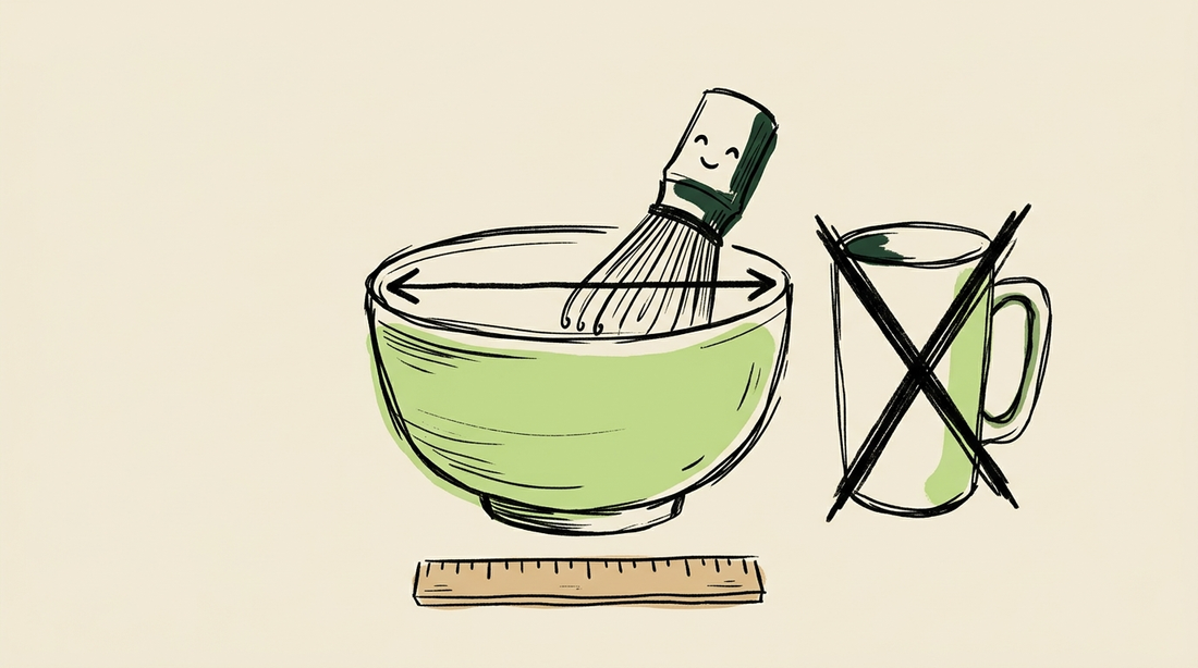 Doodle illustration of a wide matcha bowl with a measuring arrow next to a crossed-out mug