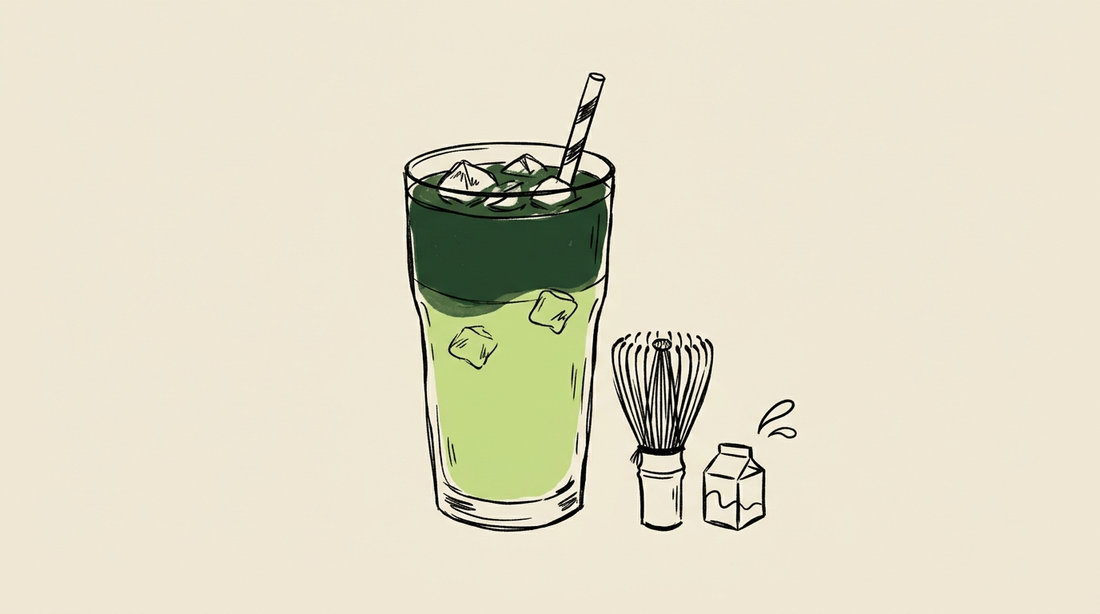 Doodle illustration of an iced matcha latte in a tall glass with a whisk and milk carton