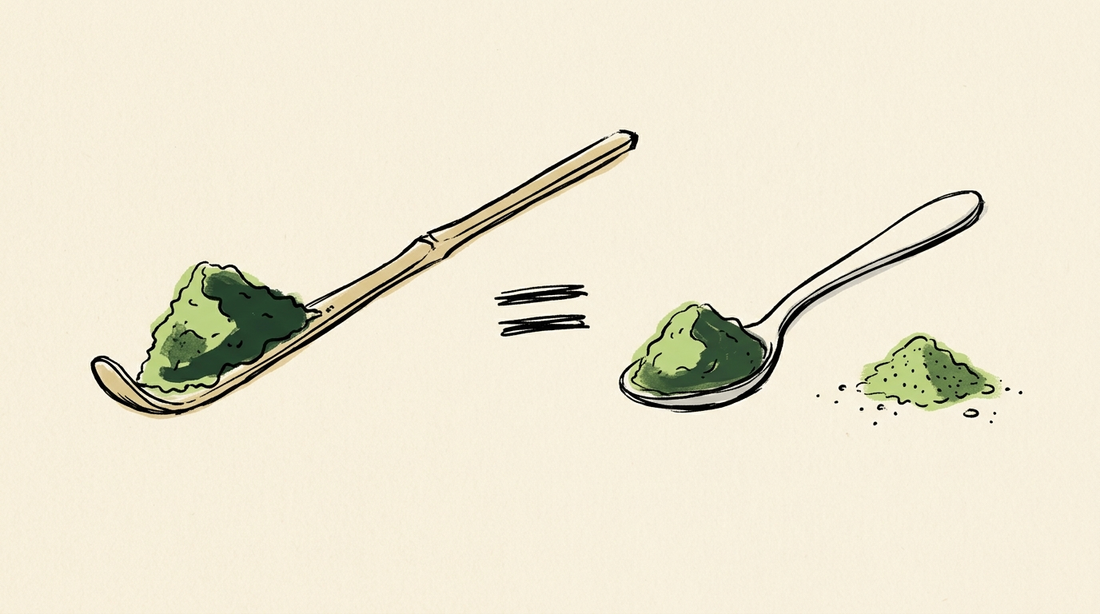 Doodle illustration of a bamboo scoop of matcha equalling a teaspoon of matcha