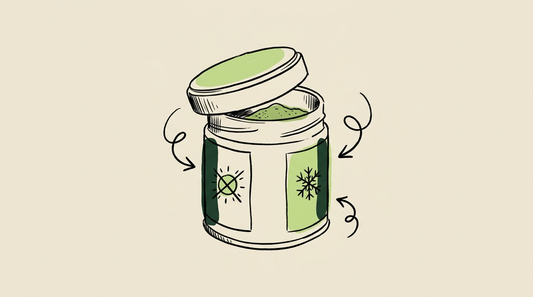 Doodle illustration of a matcha storage tin with crossed-out sun and snowflake symbols