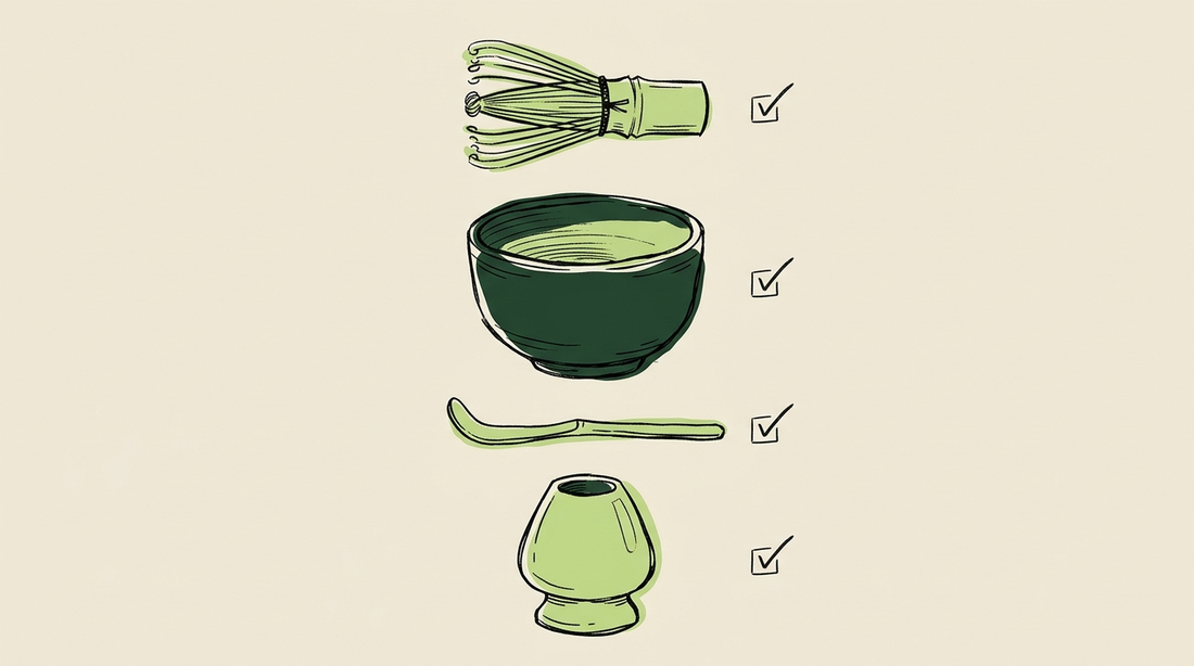 Doodle checklist illustration of a whisk, bowl, scoop and holder with tick marks