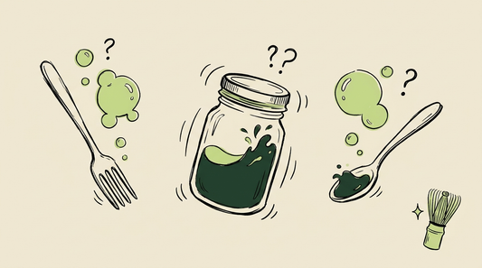 Doodle illustration of a fork, a shaken jar and a spoon trying to mix matcha