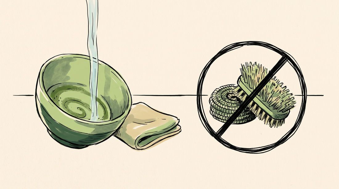 Doodle illustration of a stained matcha bowl rinsed beside a crossed-out scourer