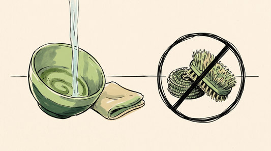 Doodle illustration of a stained matcha bowl rinsed beside a crossed-out scourer