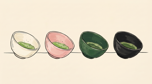 Doodle illustration of four matcha bowls in different glaze colours