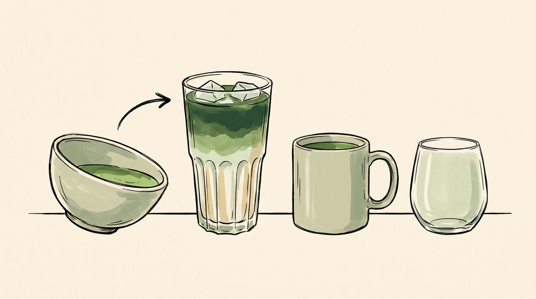 Doodle illustration of a matcha bowl poured into a tall glass