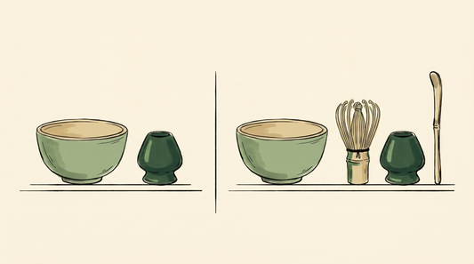 Doodle illustration comparing a two-piece bowl set with a four-piece matcha set