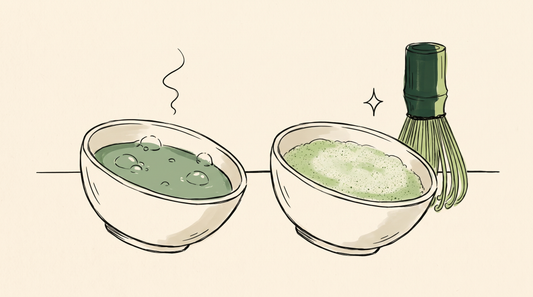 Doodle illustration comparing flat bubbly matcha with a bowl of fine foam
