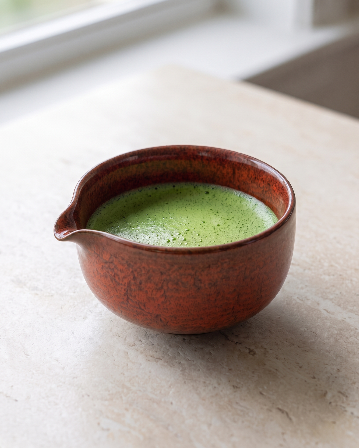 In use: Ceramic Matcha Bowl with Spout – Rust Red, filled with freshly whisked matcha
