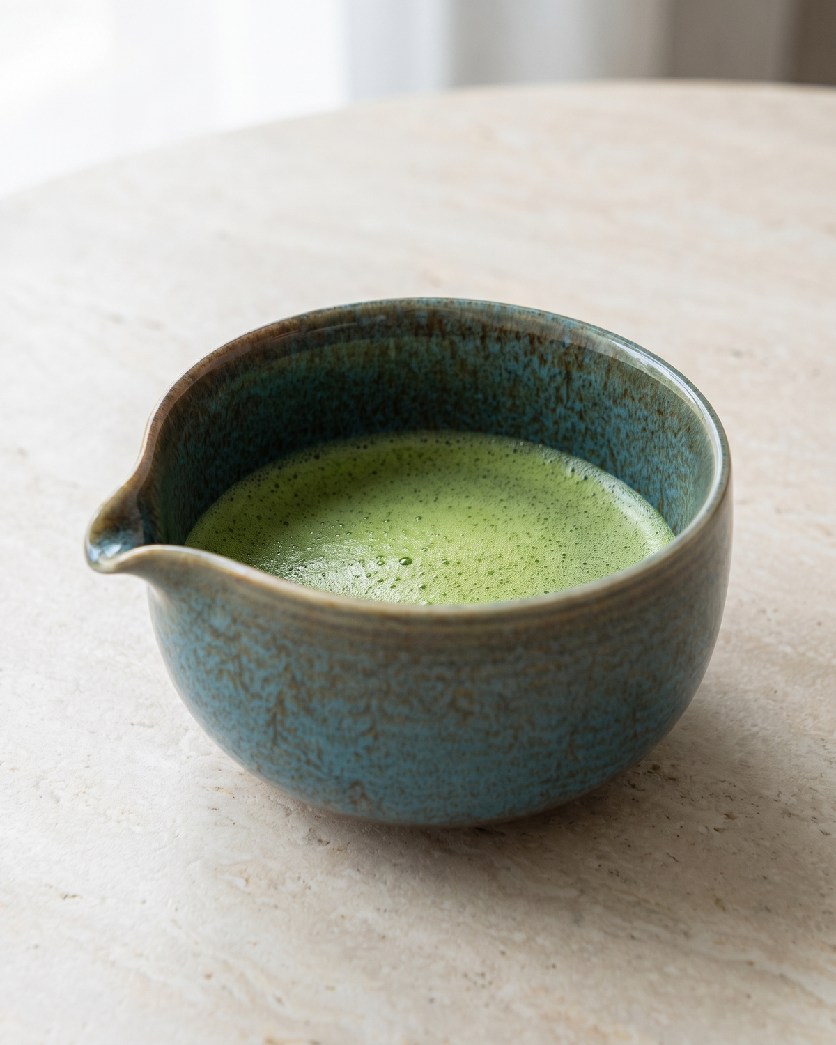 In use: Glazed Matcha Bowl 550 ml – Lagoon Blue, filled with freshly whisked matcha