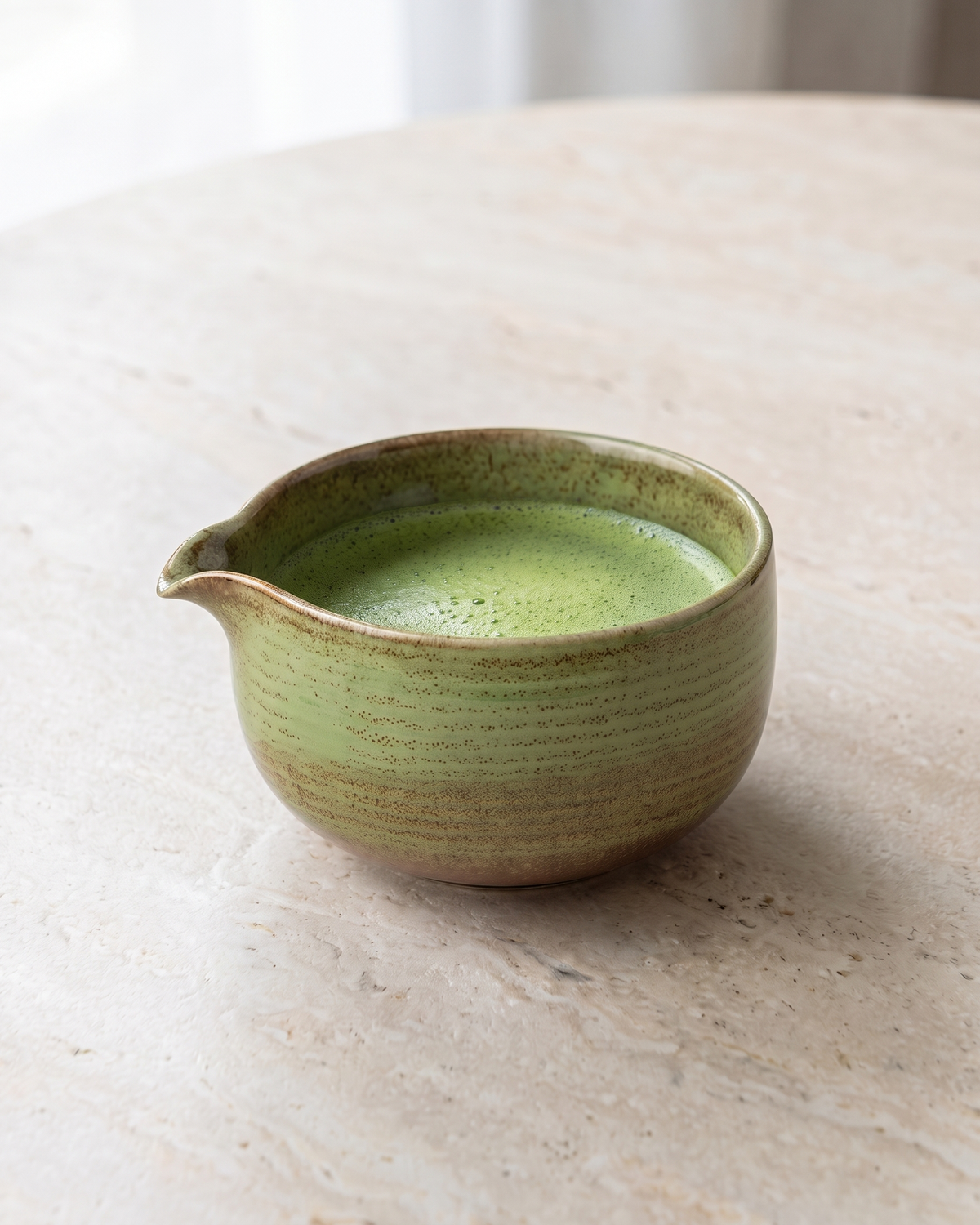 In use: Glazed Matcha Bowl 550 ml – Moss Green, filled with freshly whisked matcha