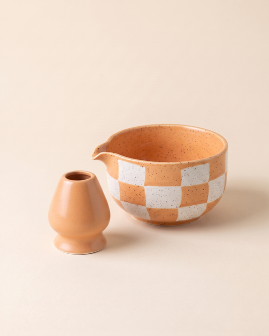 2-Piece Checkerboard Bowl & Holder Set – Apricot
