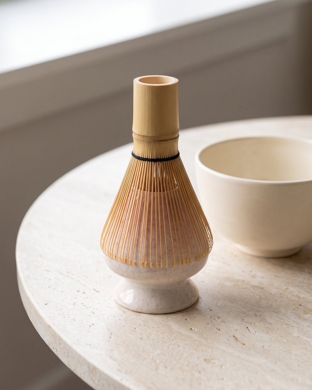 In use: Crackle Ceramic Whisk Holder – Blush, bamboo whisk resting prongs-down on the holder to dry