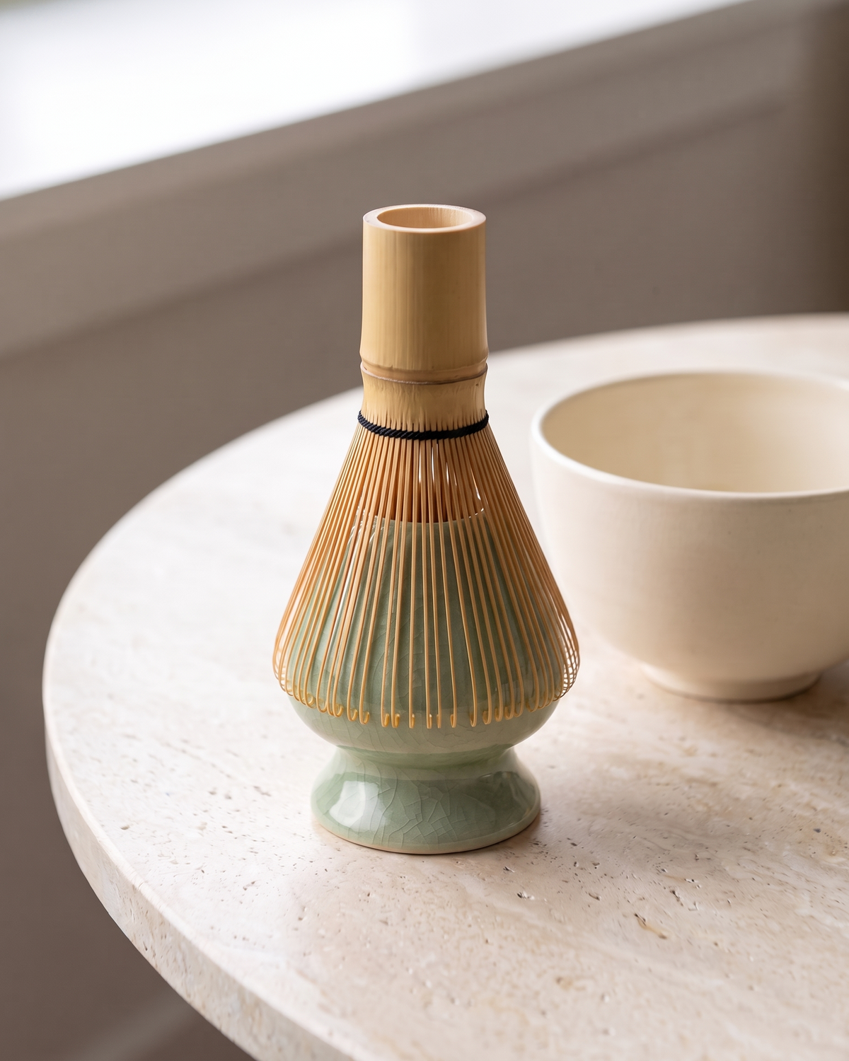 In use: Crackle Ceramic Whisk Holder – Celadon, bamboo whisk resting prongs-down on the holder to dry