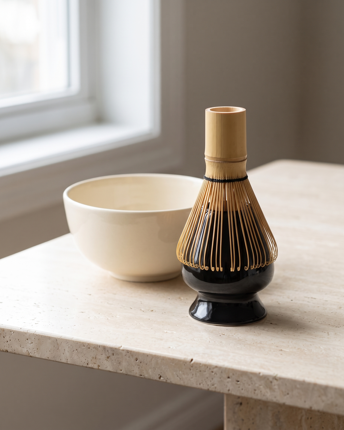 In use: Glossy Ceramic Whisk Holder – Black, bamboo whisk resting prongs-down on the holder to dry