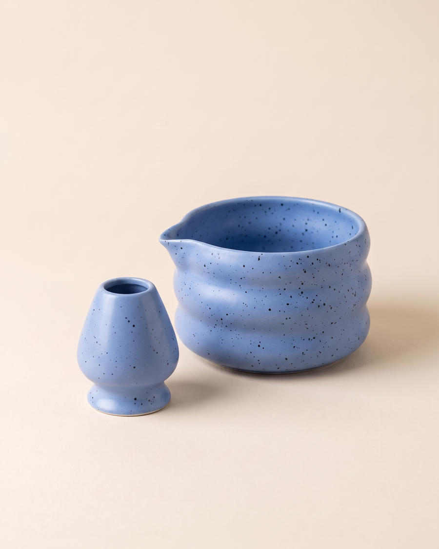 2-Piece Speckled Matcha Bowl & Holder Set – Blue