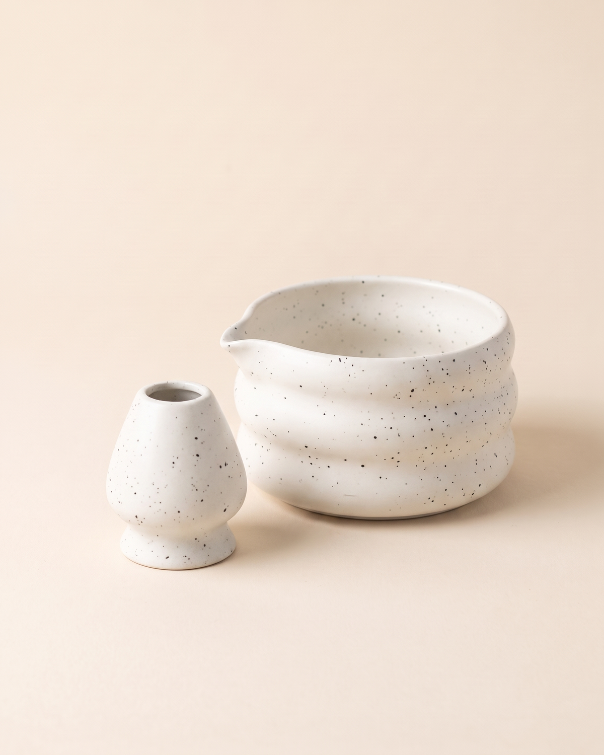2-Piece Speckled Matcha Bowl & Holder Set – White