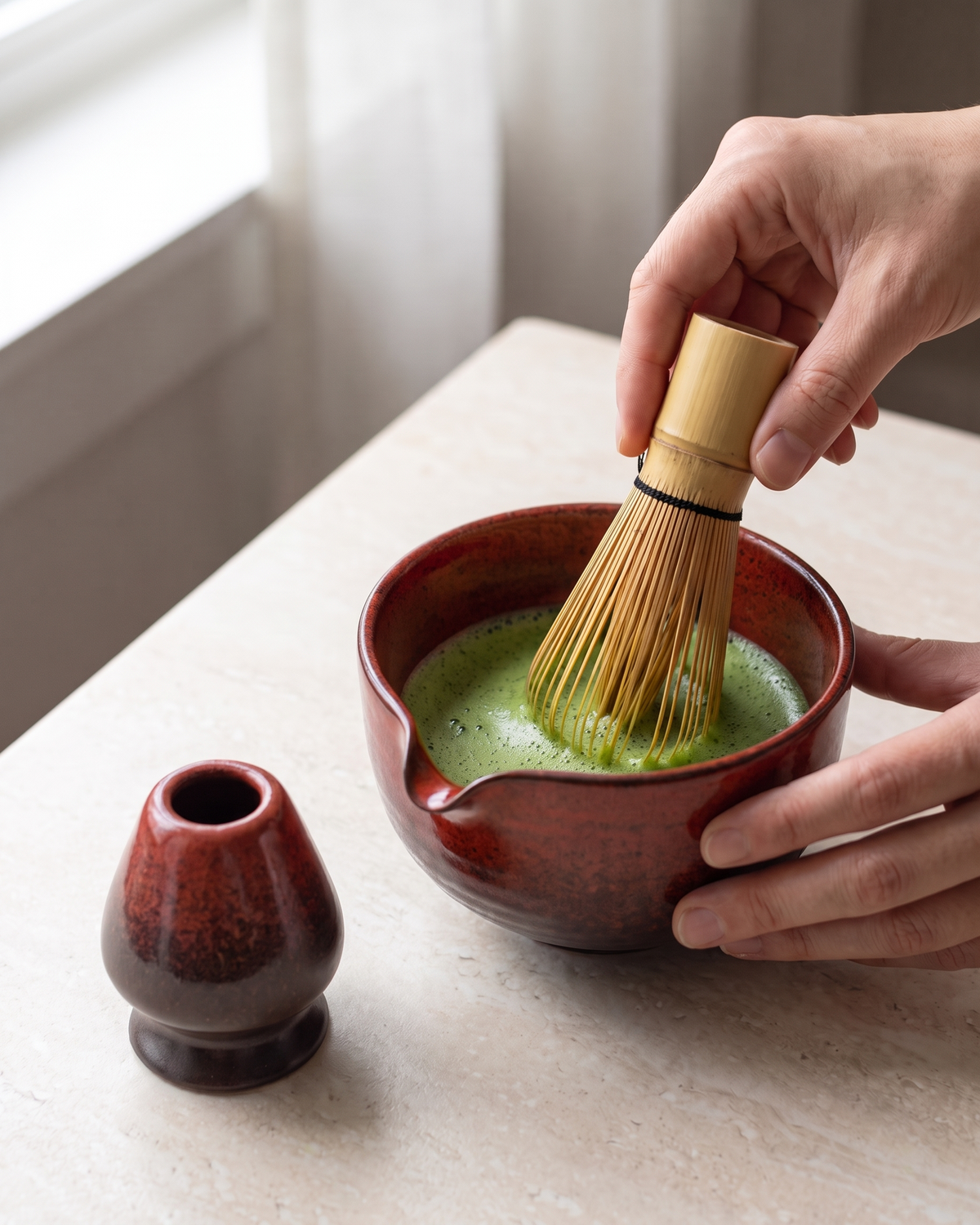 In use: 2-Piece Matcha Bowl & Holder Set with Spout – Rust Red, hand whisking matcha in the bowl with a bamboo whisk (sold separately), holder beside