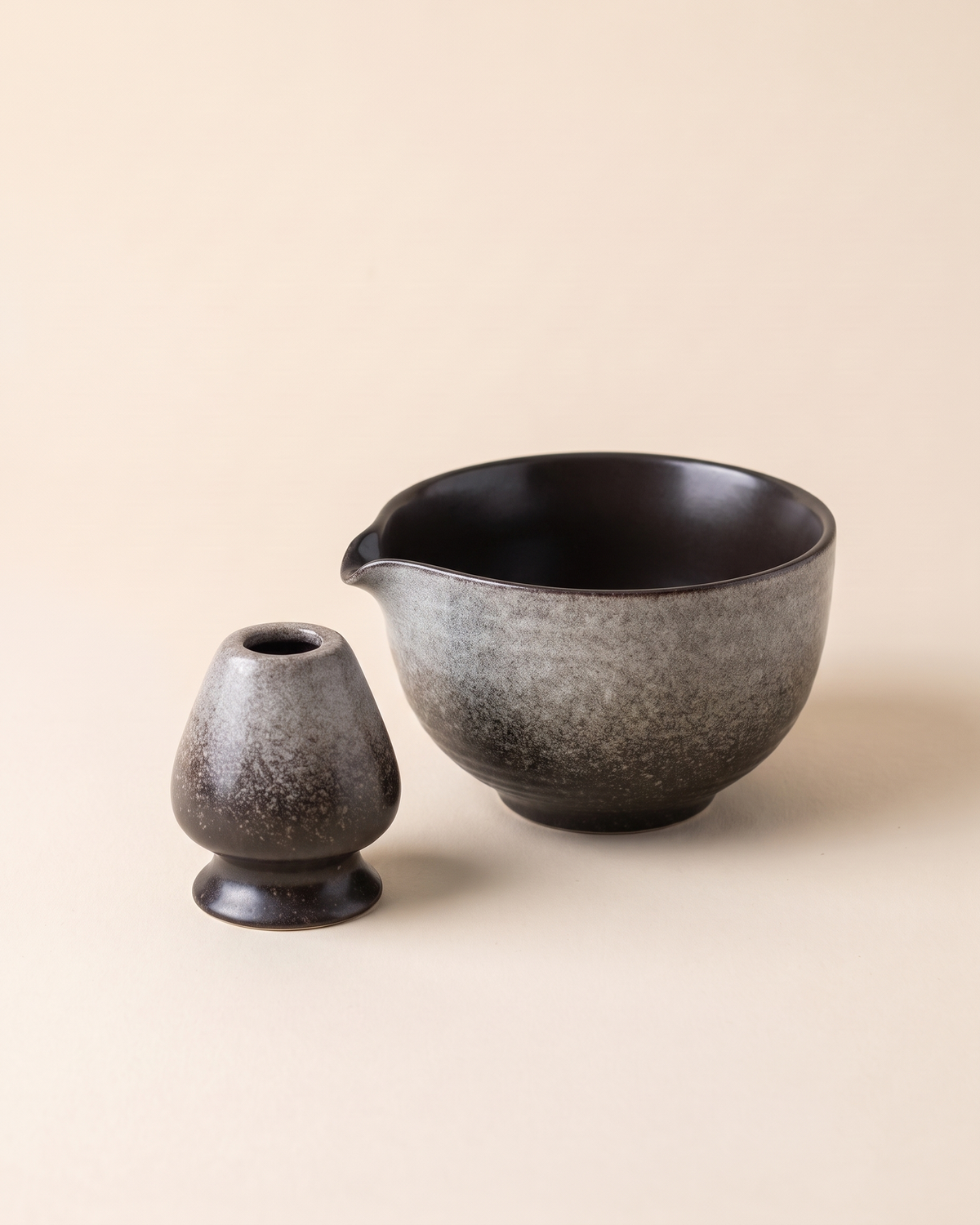 2-Piece Matcha Bowl & Holder Set with Spout – Stone Grey