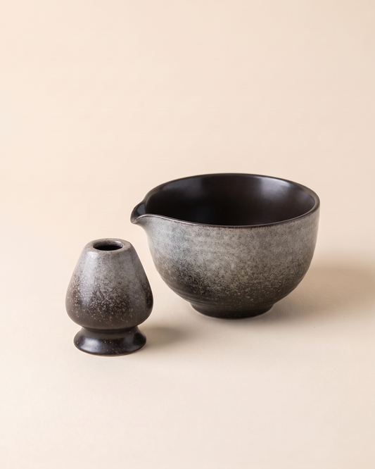 2-Piece Matcha Bowl & Holder Set with Spout – Stone Grey