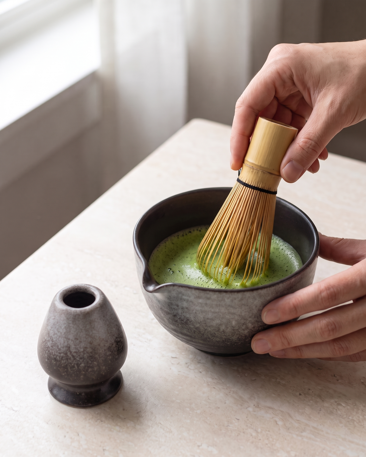 In use: 2-Piece Matcha Bowl & Holder Set with Spout – Stone Grey, hand whisking matcha in the bowl with a bamboo whisk (sold separately), holder beside