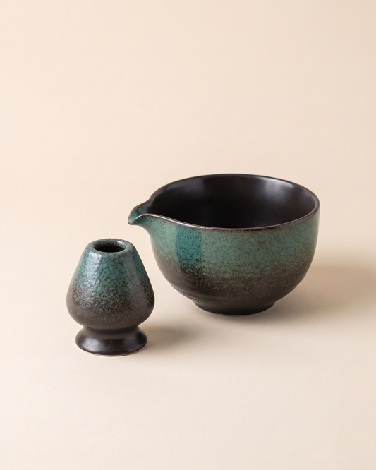2-Piece Matcha Bowl & Holder Set with Spout – Teal