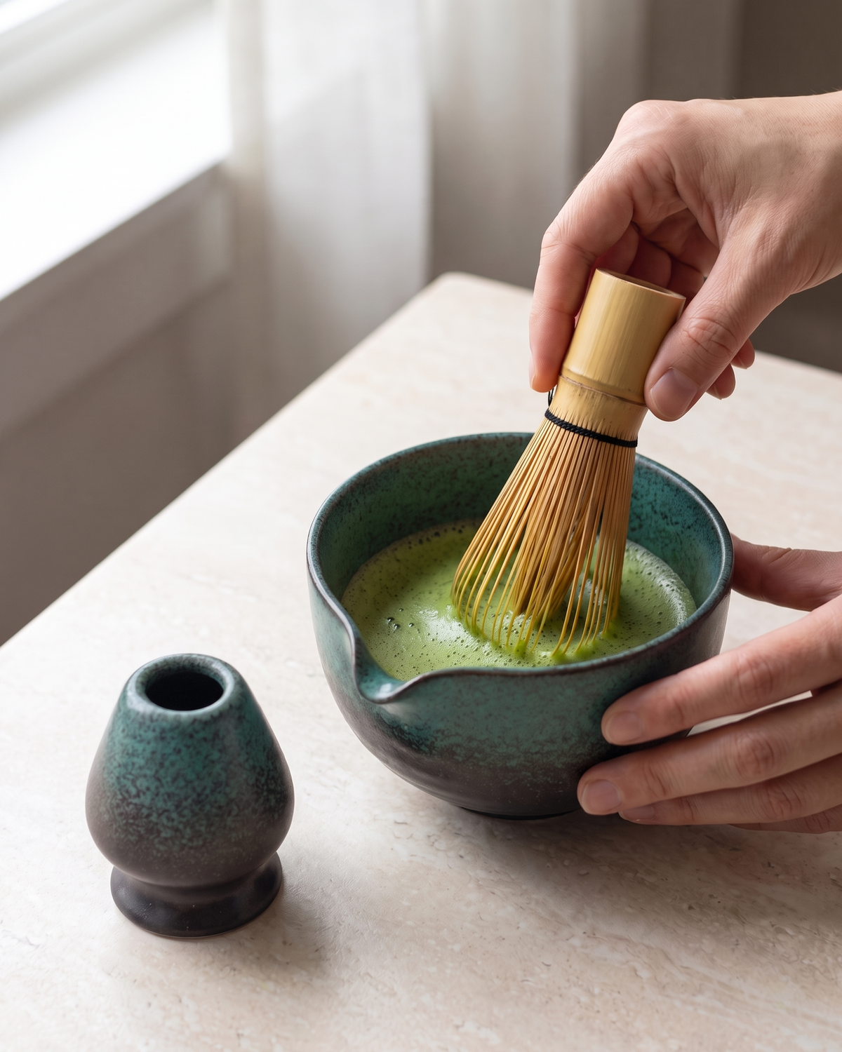 In use: 2-Piece Matcha Bowl & Holder Set with Spout – Teal, hand whisking matcha in the bowl with a bamboo whisk (sold separately), holder beside