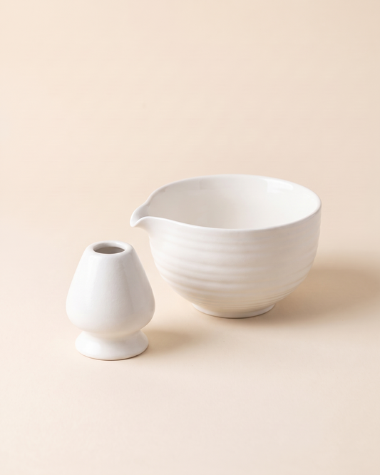 2-Piece Matcha Bowl & Holder Set with Spout – White