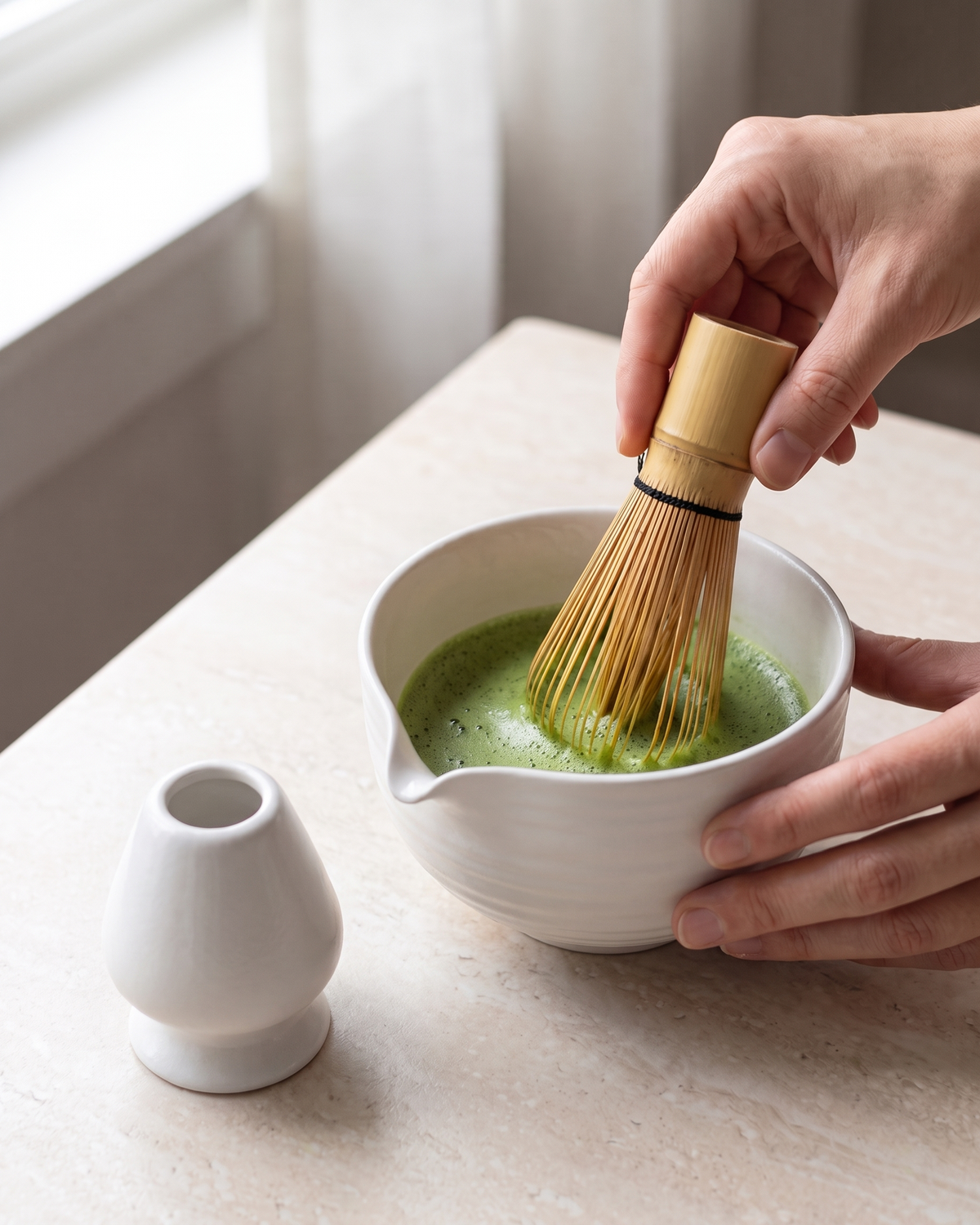 In use: 2-Piece Matcha Bowl & Holder Set with Spout – White, hand whisking matcha in the bowl with a bamboo whisk (sold separately), holder beside