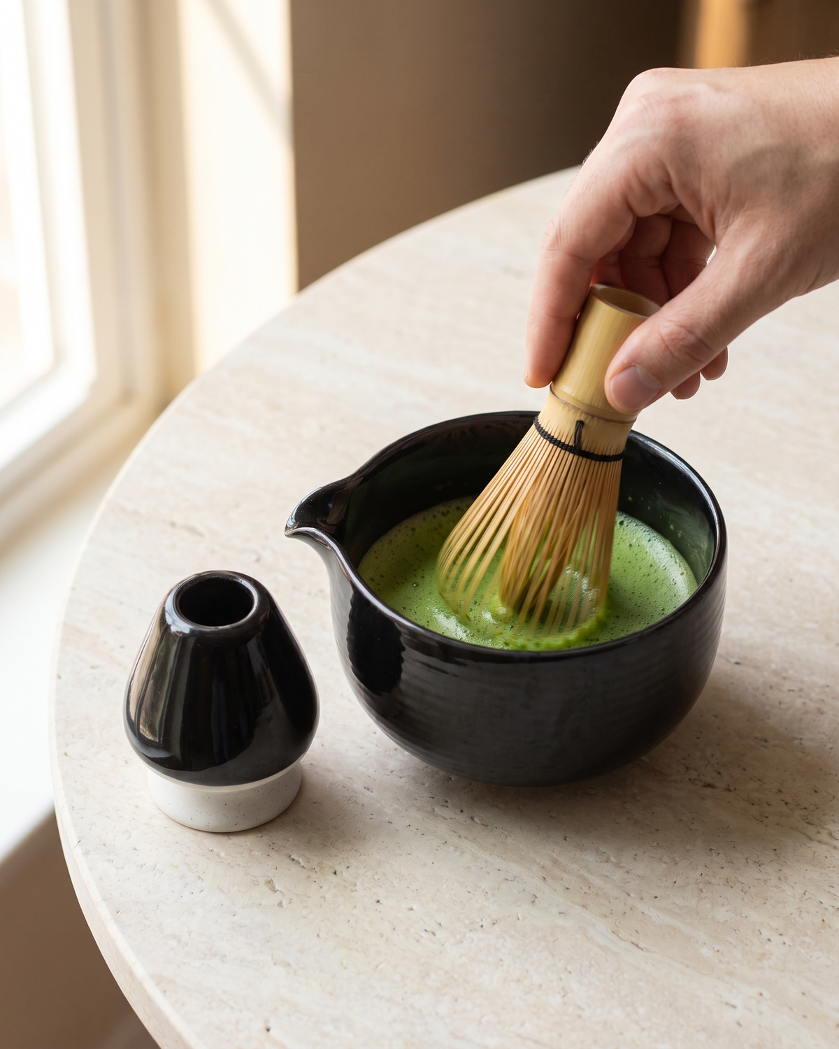 In use: 2-Piece Glazed Bowl & Holder Set – Black, hand whisking matcha in the bowl with a bamboo whisk (sold separately), holder beside