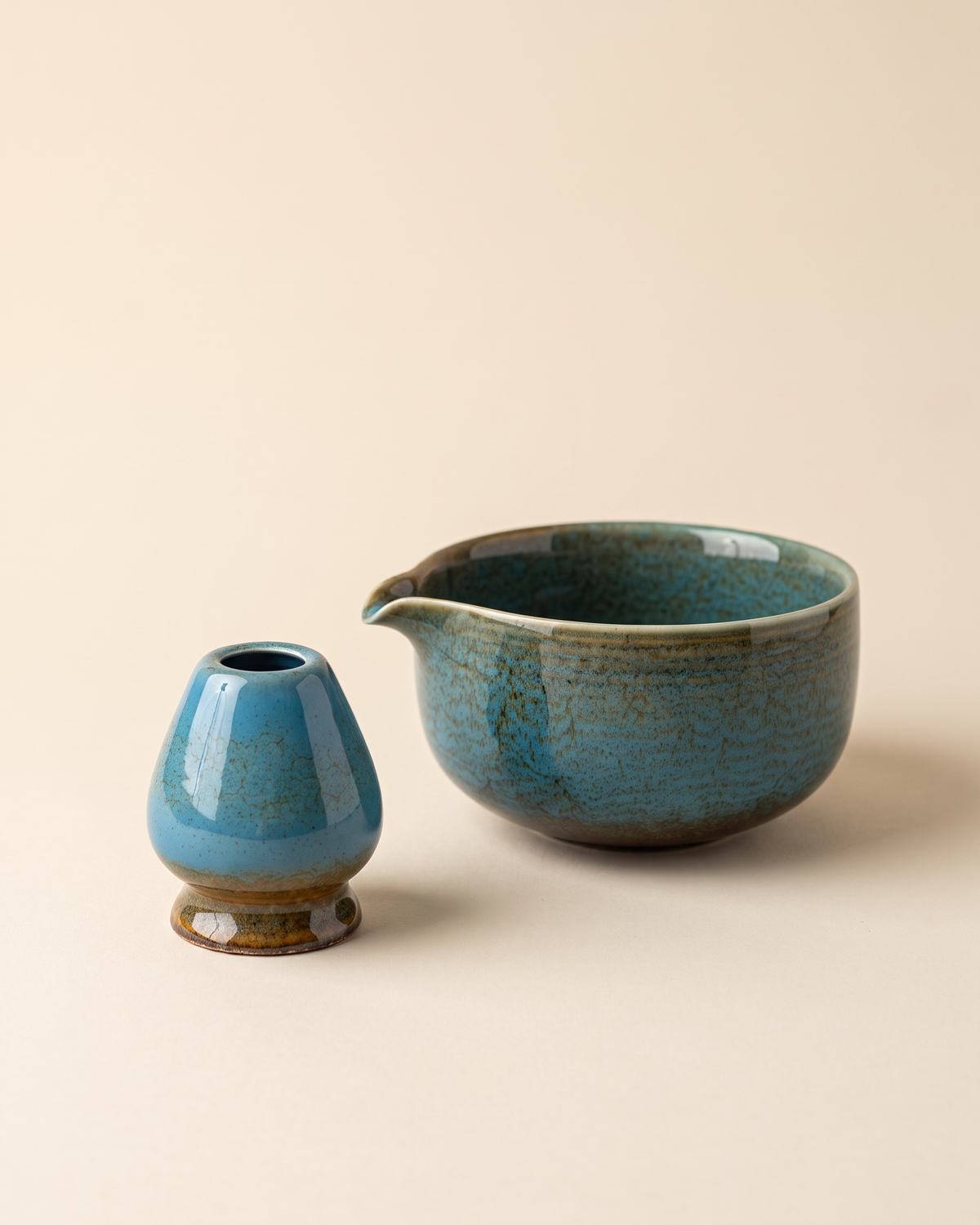 2-Piece Glazed Bowl & Holder Set – Lagoon Blue