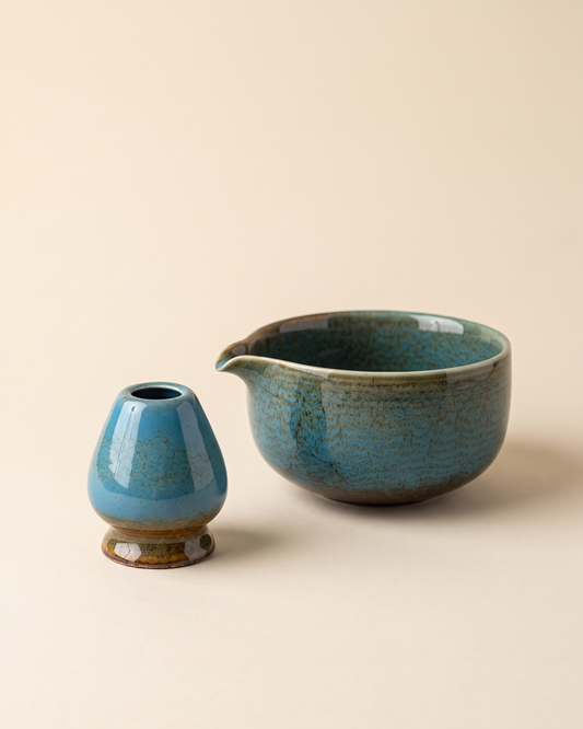 2-Piece Glazed Bowl & Holder Set – Lagoon Blue