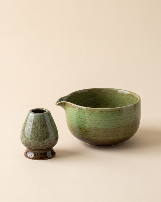 2-Piece Glazed Bowl & Holder Set – Moss Green