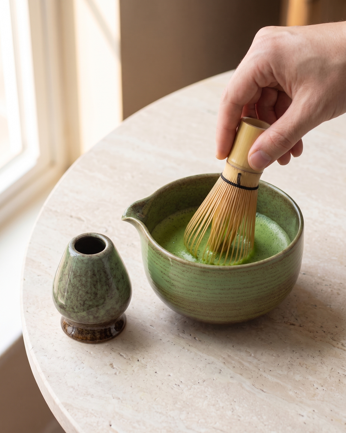 In use: 2-Piece Glazed Bowl & Holder Set – Moss Green, hand whisking matcha in the bowl with a bamboo whisk (sold separately), holder beside