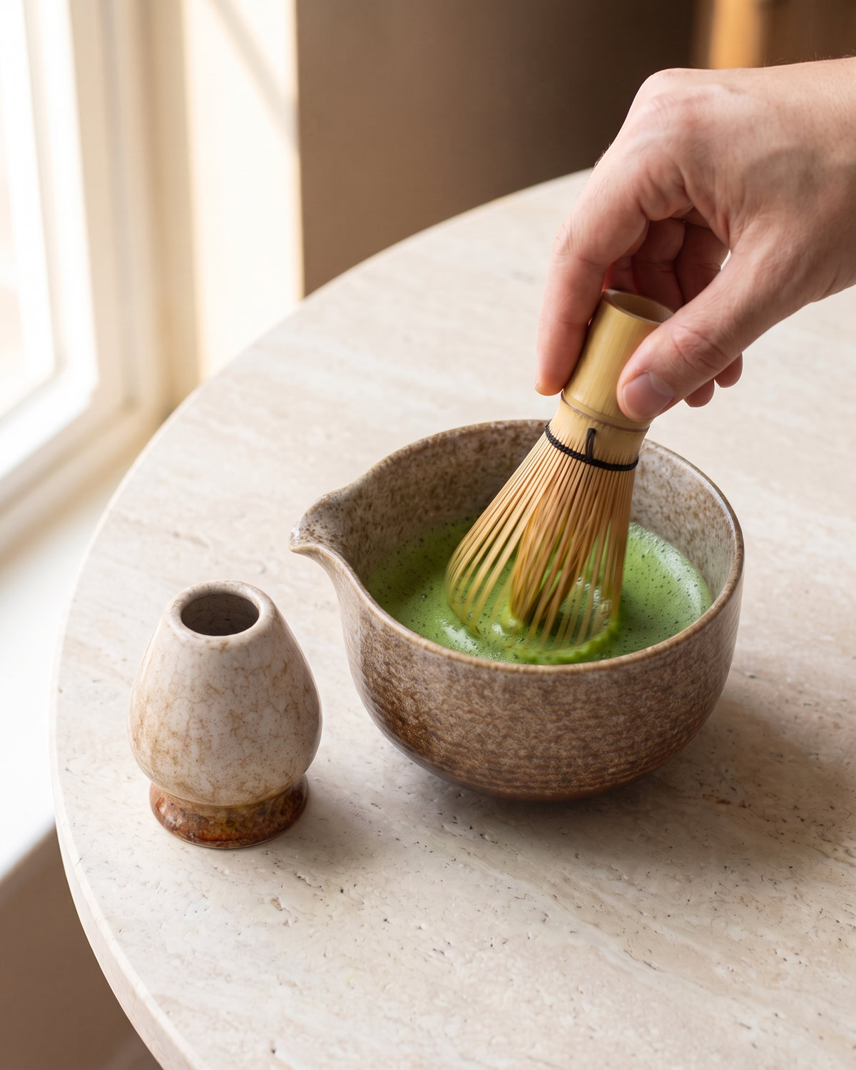 In use: 2-Piece Glazed Bowl & Holder Set – Sand, hand whisking matcha in the bowl with a bamboo whisk (sold separately), holder beside
