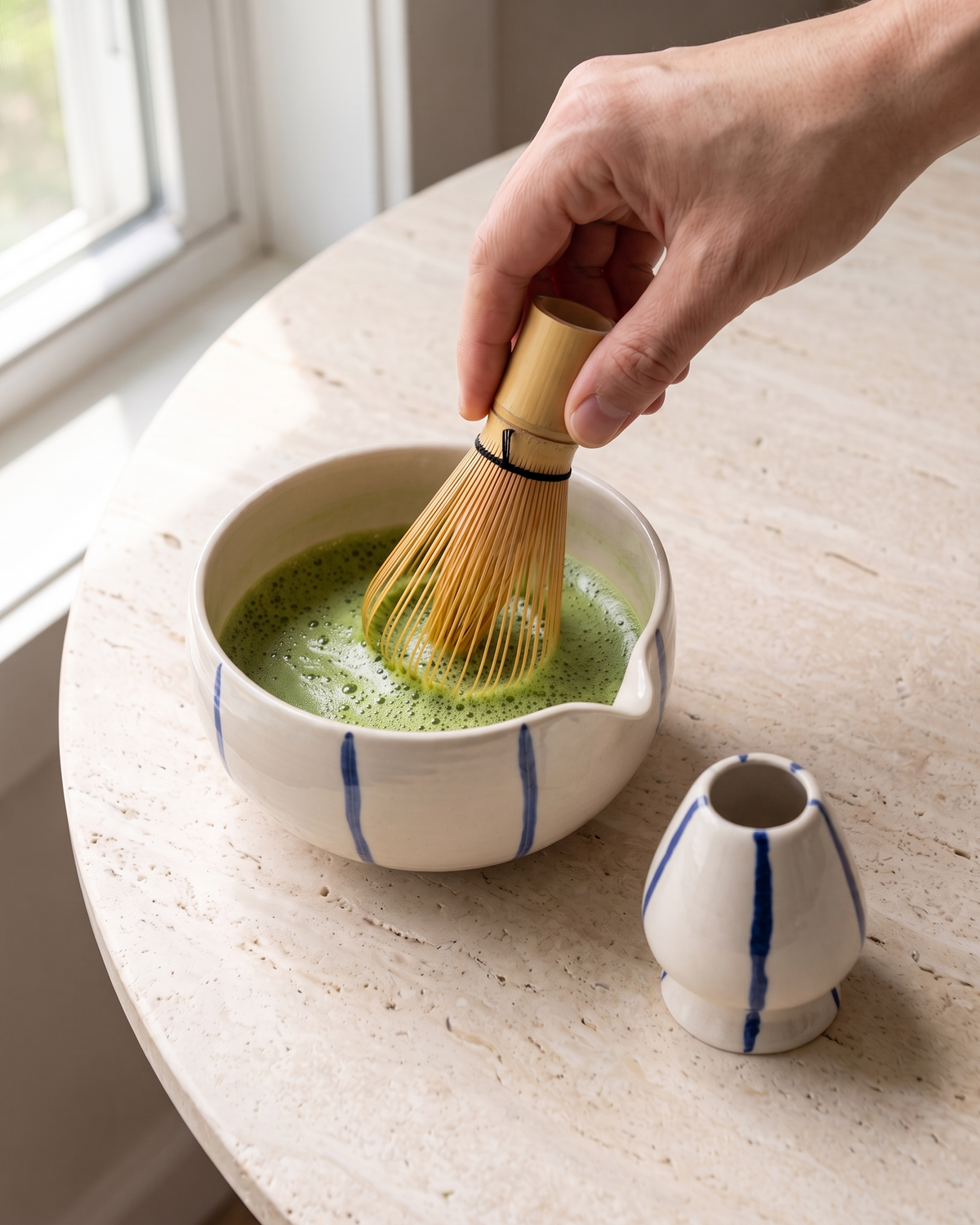 In use: 2-Piece Patterned Matcha Bowl & Holder Set – Blue Stripes, hand whisking matcha in the bowl with a bamboo whisk (sold separately), holder beside