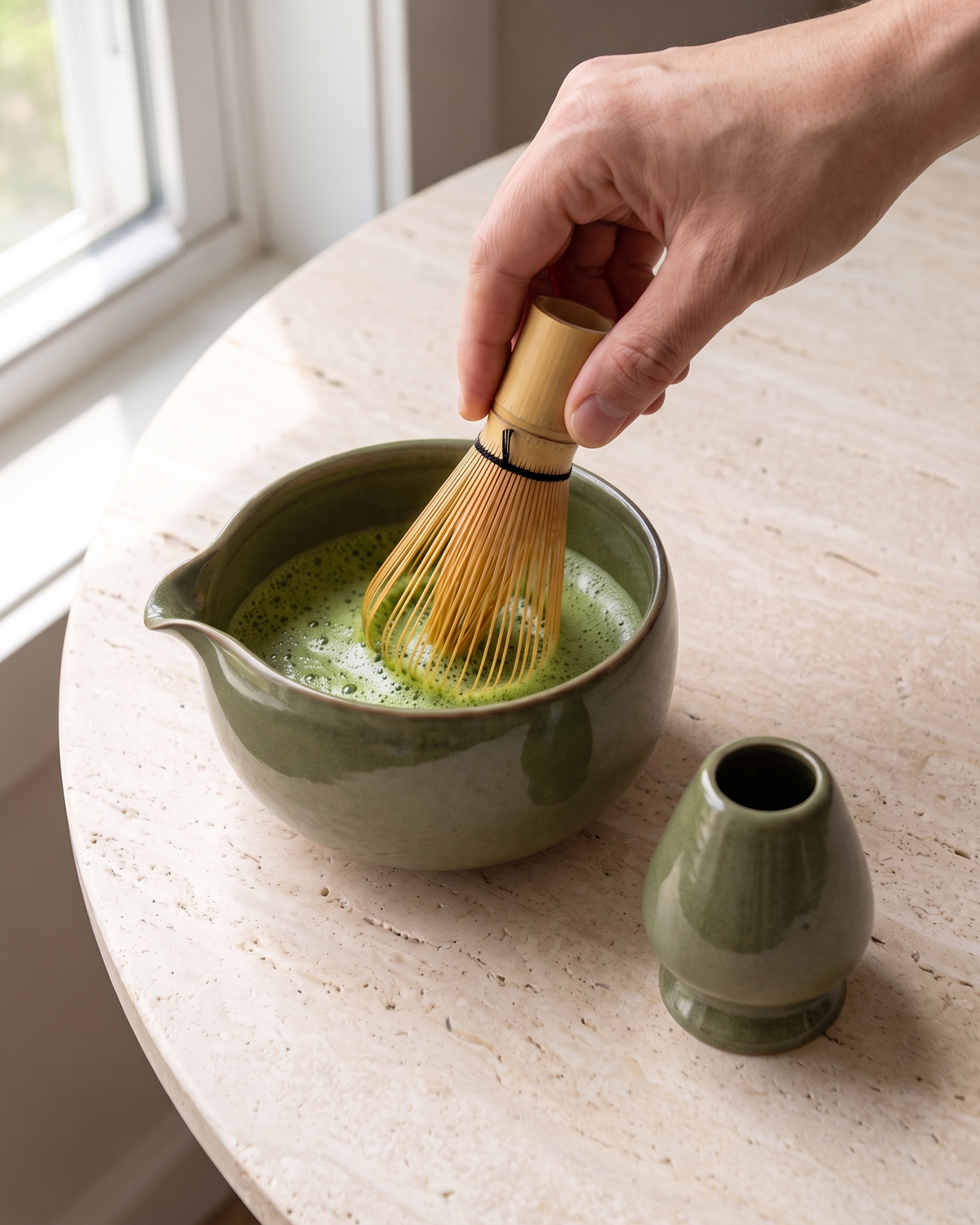 In use: 2-Piece Patterned Matcha Bowl & Holder Set – Olive, hand whisking matcha in the bowl with a bamboo whisk (sold separately), holder beside